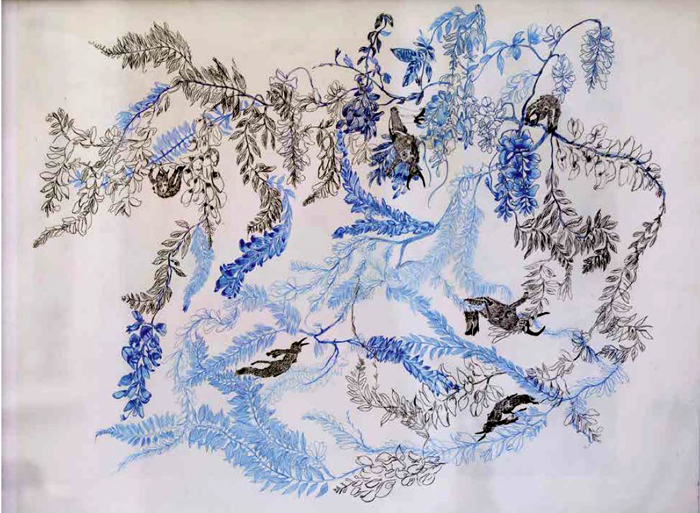 Hélène Barrier, Le jardin des délices, dessin aux crayons graphites et crayons de couleurs sur papier arche / 2023 / 50 X 65 cm