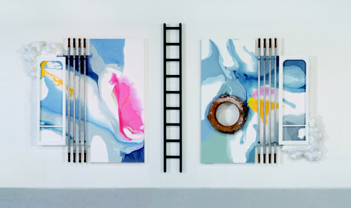 © Lucy+Jorge Orta - Untitled, 2016, Assemblage painting on wood, ladder, life ring, aluminium bars, window frames, resin - 520 x 230 cm