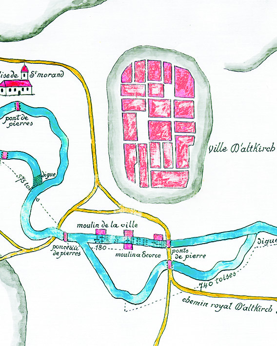 Fragment de la  Carte du cours de L'Isle, depuis sa source jusqu'・Mulhausen, datant du XVIIIe siècle et issue des Archives municipales de Mulhouse. 