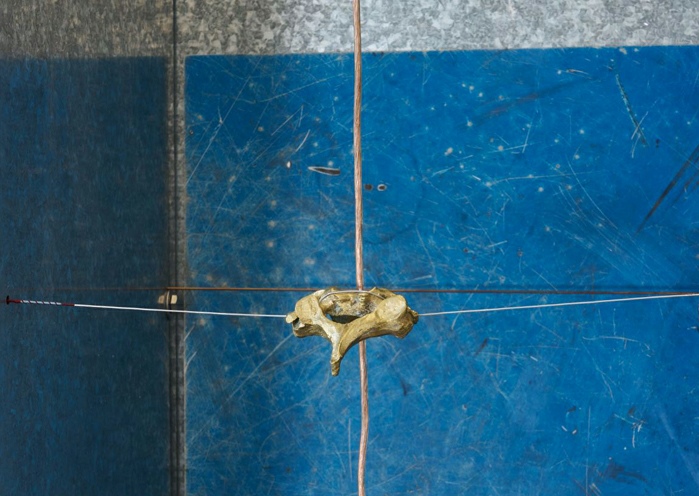 Agata Tingarden, Atlas (C1-C4), 2025 – elements of found elevators, stainless steel, galvanized steel, instrument strings, bronze casts, tape, bolts, screws, steel threads, copper wire